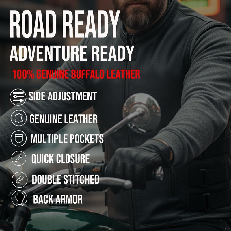 Jackets 4 Bikes New Men's Motorcycle Real Buffalo Leather Vest Adjustable Stylish w/CE Armor, Large Back Panel Biker Cruiser Touring Club Riding Vests for Men Black L - Image 4